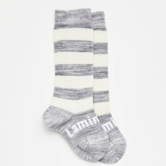 Grey and white striped merino wool knee high baby socks Lamington