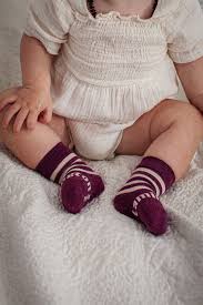 Merino Baby Socks - Maroon with White Stripes