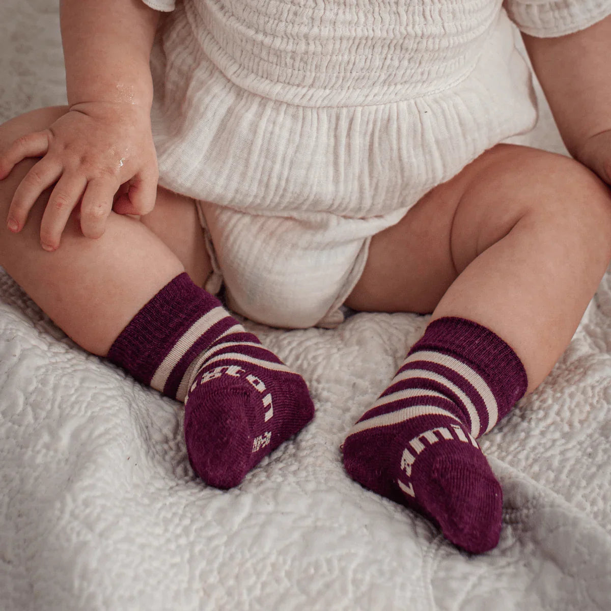 Merino Baby Socks - Maroon with White Stripes