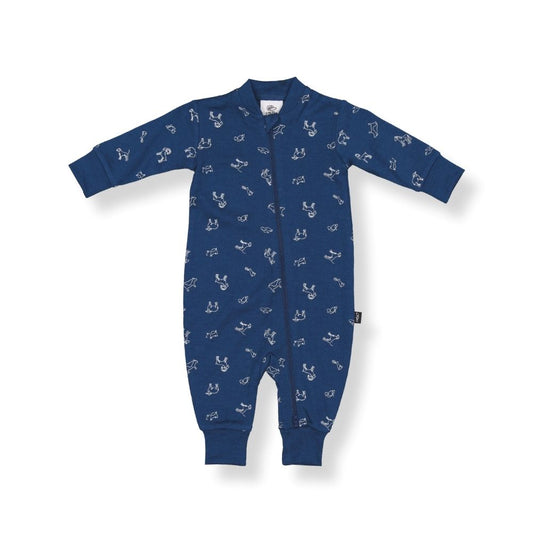 Merino Baby Footless Onesie - Blue with Animal Print