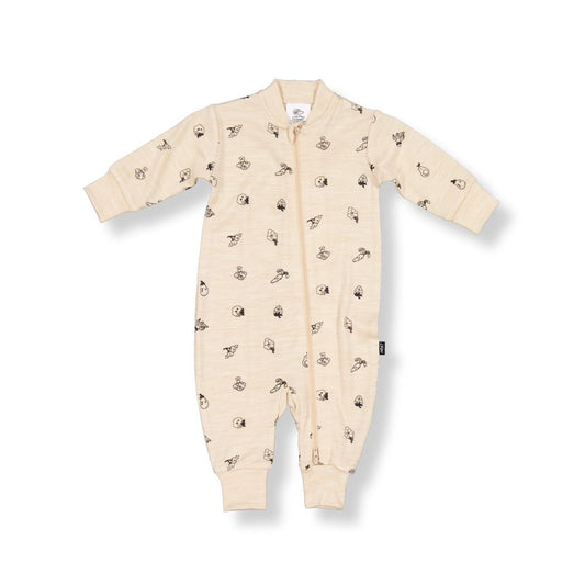 Little Flock of Horrors Merino Baby Footless Onesie I Oatmeal with Fruit&Veg Print