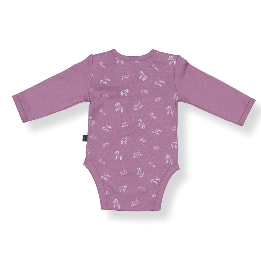 Little Flock of Horrors Merino Long-sleeve Bodysuit I Mauve with Animal Print