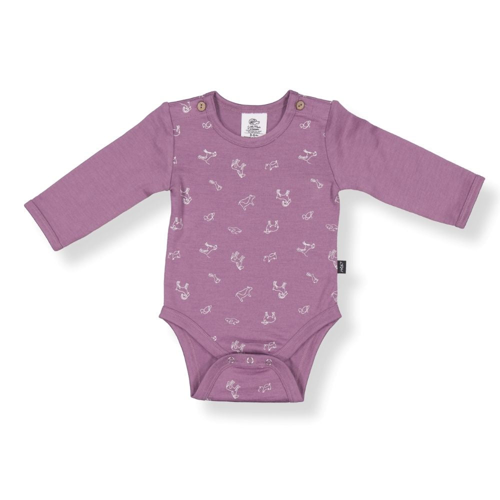 Little Flock of Horrors Merino Long-sleeve Bodysuit I Mauve with Animal Print