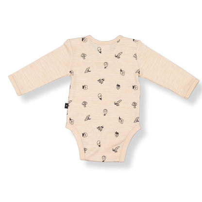 Merino Baby Long-sleeve Bodysuit - Mauve with Animal Print