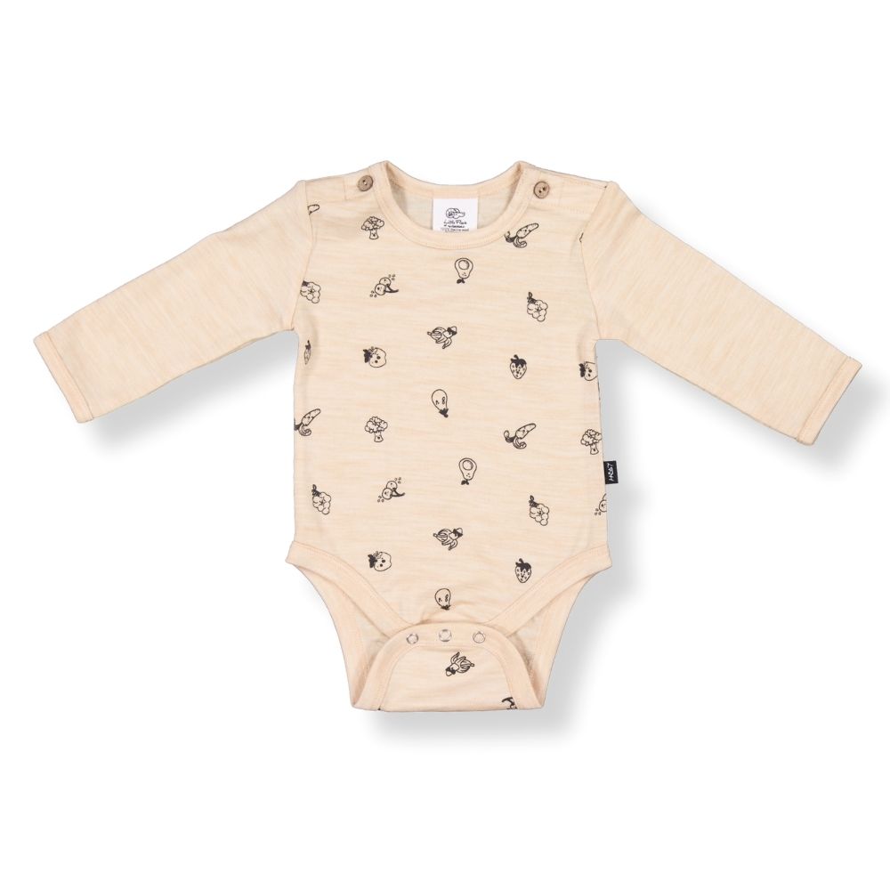 Little Flock of Horrors Merino Long-sleeve Bodysuit I Mauve with Animal Print