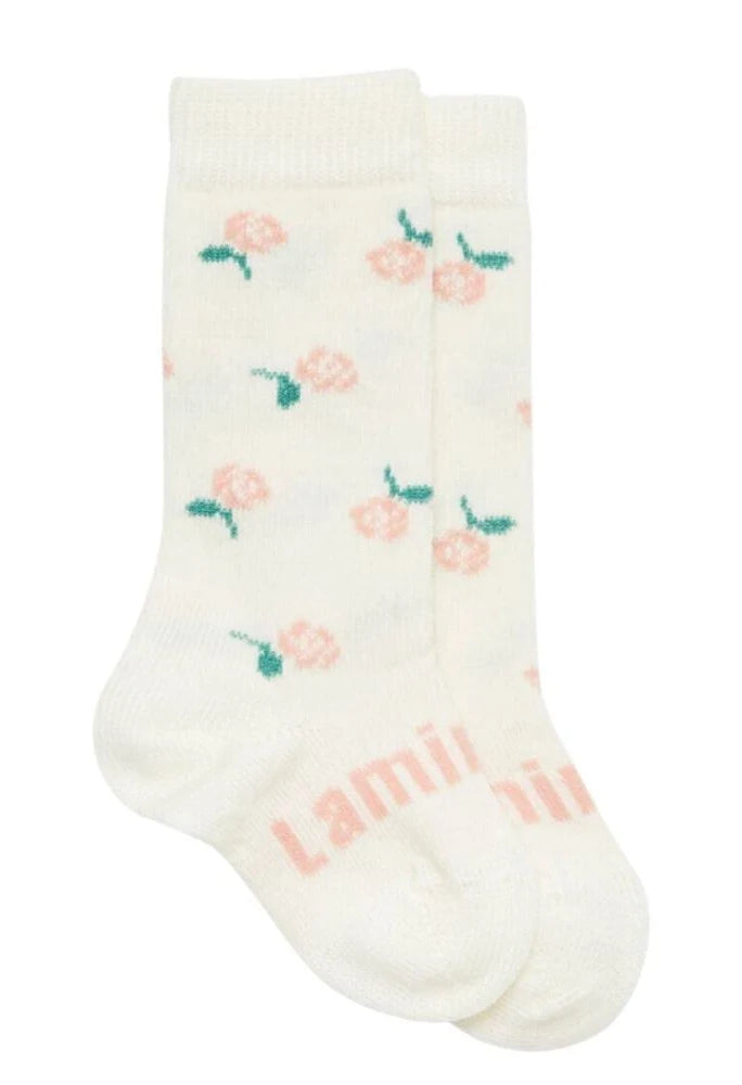 Merino Baby Knee-High Socks - Cream with Pink Flowers