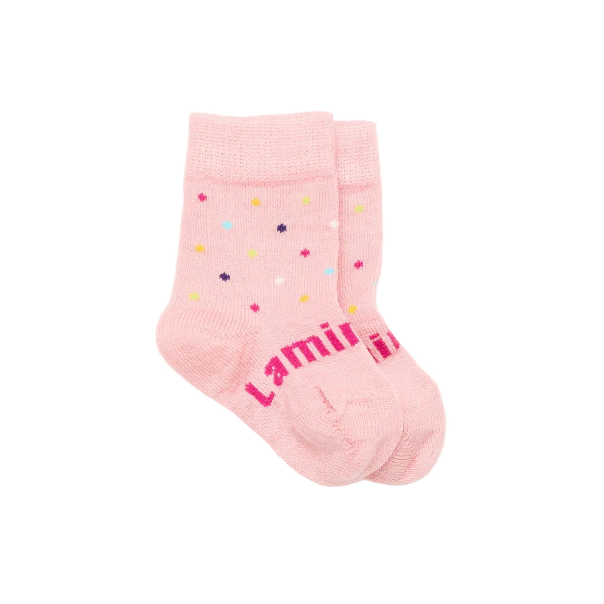 A pair of light pink merino wool baby socks with multicolored spot pattern and the brand name 'Laminington' printed in dark pink on the sole, shown on a white background.