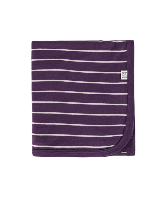 Purple and white striped 100% merino wool lightweight blanket with a small Babu brand logo on a light gray background