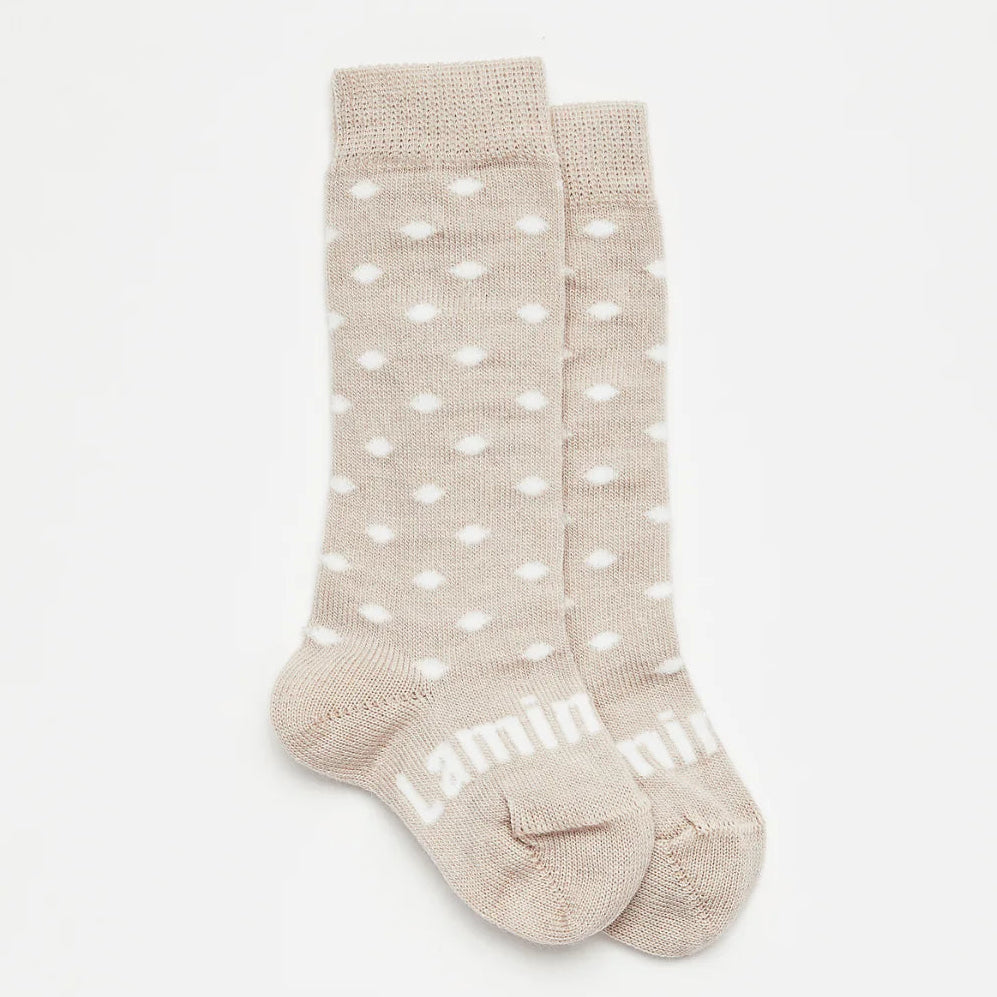 Beige merino wool baby knee-high socks with white polka dots 