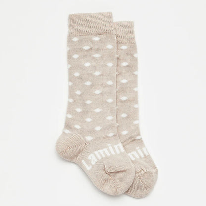 Beige merino wool baby knee-high socks with white polka dots 