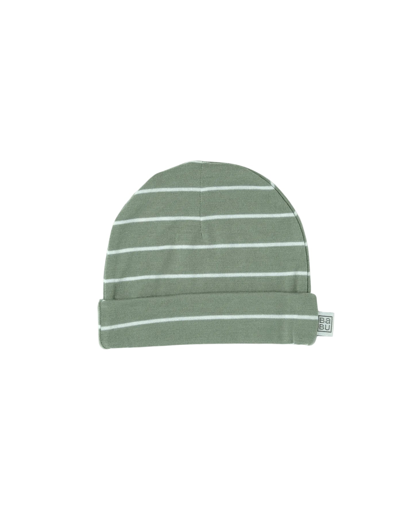 Merino wool baby Green striped beanie on a white background