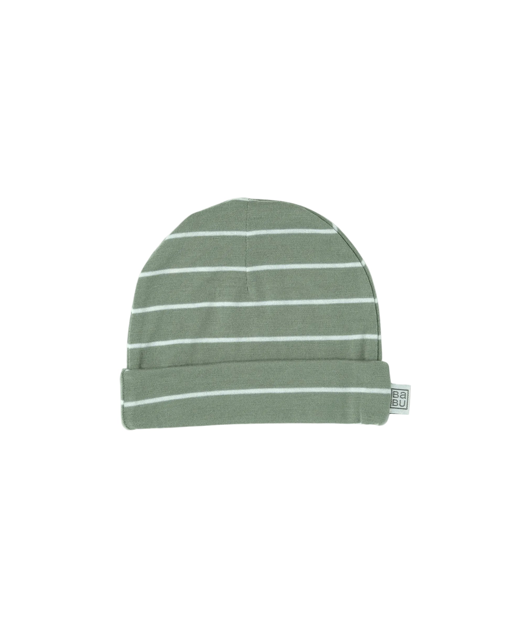 Merino wool baby Green striped beanie on a white background