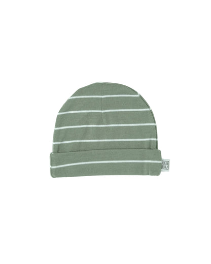 Merino wool baby Green striped beanie on a white background