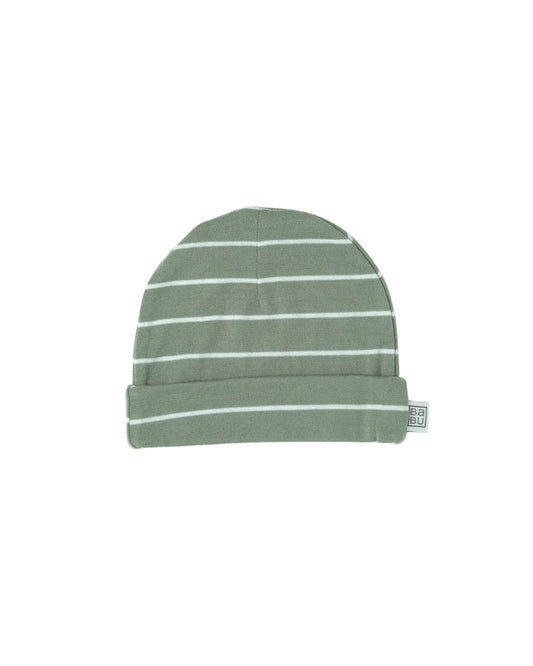 Merino wool baby Green striped beanie on a white background