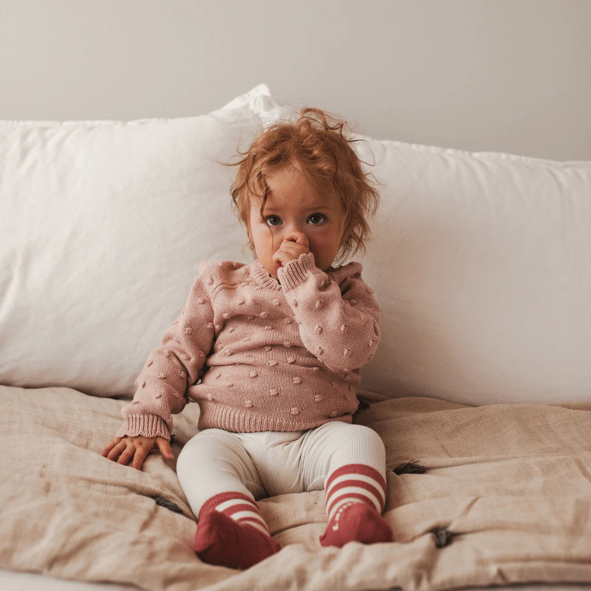 Merino Baby Socks - Pink with White Stripes